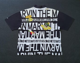 Vintage Marvin The Martian by Green Clubs 1990s Polo shirt size M-L / 1990s Anime Cartoon Warner Bros Graphic Distresses Faded shirt