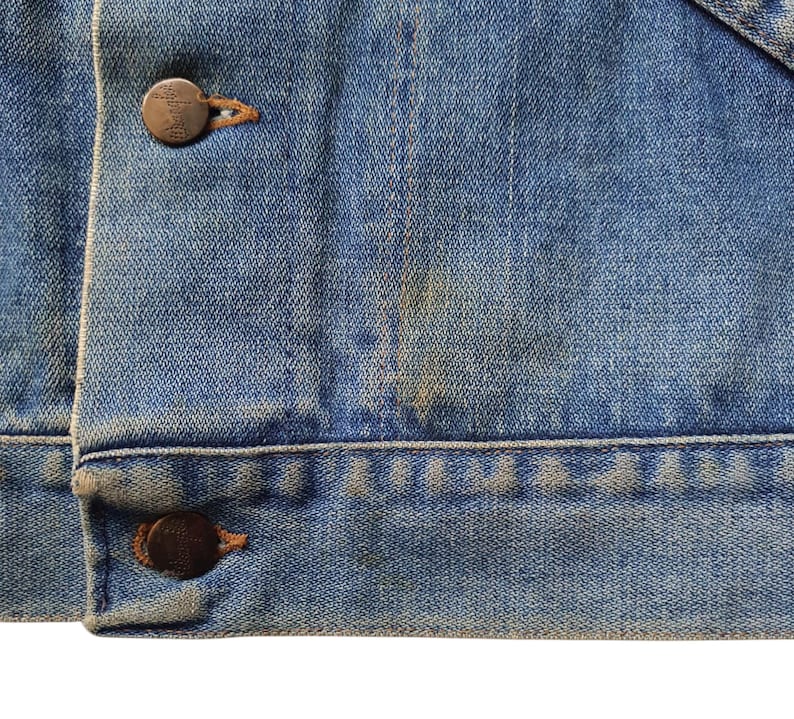 Vintage 70s WRANGLER 14 oz Denim Jacket size 38/M / 1970s Wrangler USA Trucker Biker Grunge Faded jeans Distressed Thrashed Western Jacket image 13
