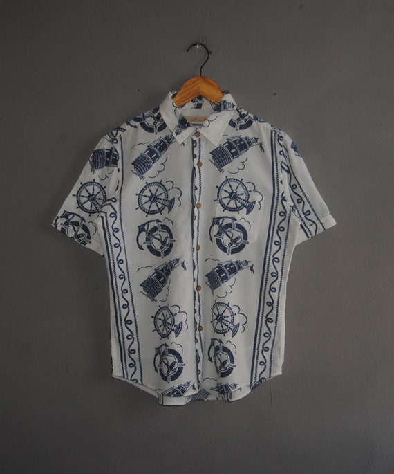 Vintage Global Work Japanese brand button up shirt size S/M / 1990s Harajuku Sailing All Over Print shirt / Streetwear Men's shirt