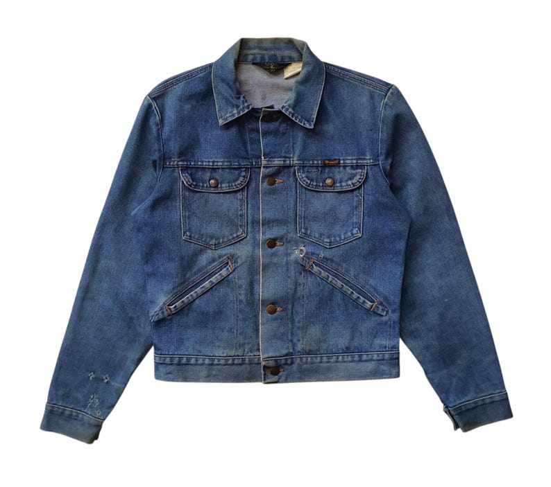 Vintage 70s WRANGLER 14 oz Denim Jacket size 38/M / 1970s Wrangler USA Trucker Biker Grunge Faded jeans Distressed Thrashed Western Jacket image 1