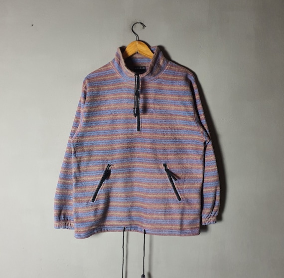 Uniqlo, Vintage 90s Uniqlo Fleece Sweatshirt sweater Size Small / 1990s Japanese streetwear Harajuku Striped Boho Hippy Grunge pullover