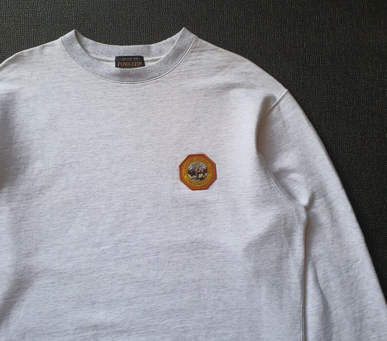 May include: A light gray sweatshirt with a crew neck and long sleeves. The sweatshirt features a small, colorful patch on the chest with a circular design and the brand name "Pendleton" on the collar.