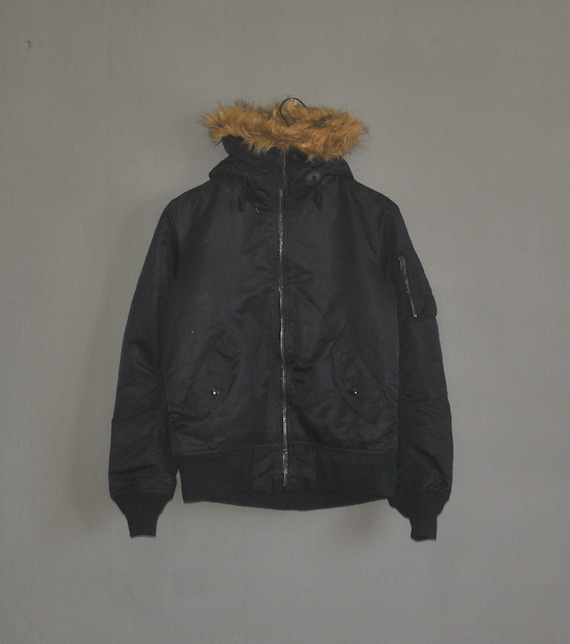 Army Flight S-M Bomber Winter Streetwear - ALPHA Fur Black Pilot / Vintage Size Hoodie Air MA-1 INDUSTRIES Etsy Jacket Jacket Force