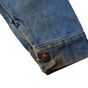 May include: Close-up of a light blue denim jacket sleeve. The cuff features a brown button and distressed edges. The denim shows signs of wear and tear, with faded areas and slight fraying.