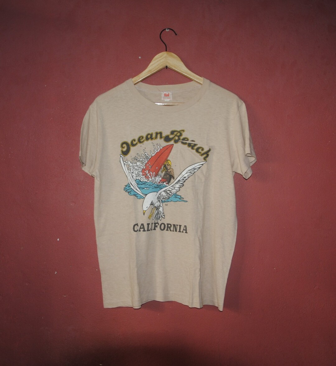 Vintage 1950s Hanes Ocean Beach California Front Pocket T