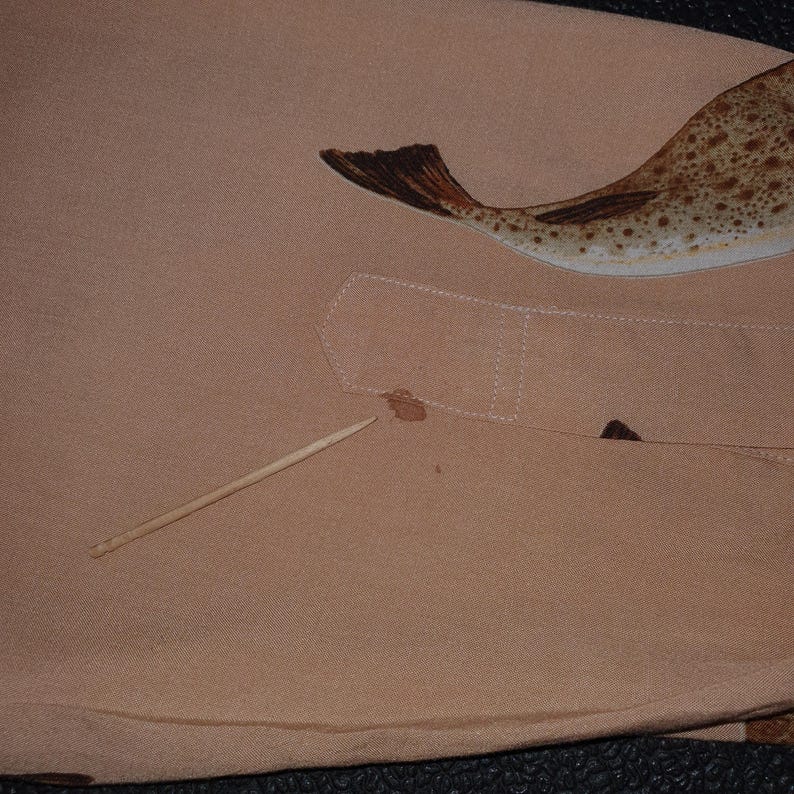 K&ouml;nnte beinhalten: Hellbraunes Stoffst&uuml;ck mit einer Illustration eines Fisches mit geflecktem K&ouml;rper und dunkelbraunem Schwanz. Ein Holz-Zahnstocher und ein kleiner Fleck sind ebenfalls auf dem Stoff zu sehen.