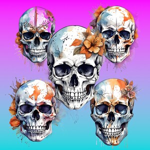 May include: Five watercolor skull illustrations with floral accents. The skulls are white with black eye sockets and teeth. The flowers are orange and brown with green leaves. The background is a gradient of pink and blue.