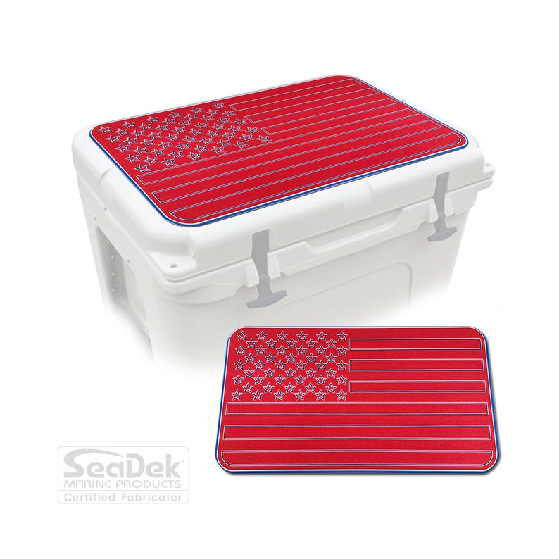 May include: Red and blue American flag cooler lid cover. The cover has a blue outline and white stars on a red background. SeaDek Marine Products Certified Fabricator.