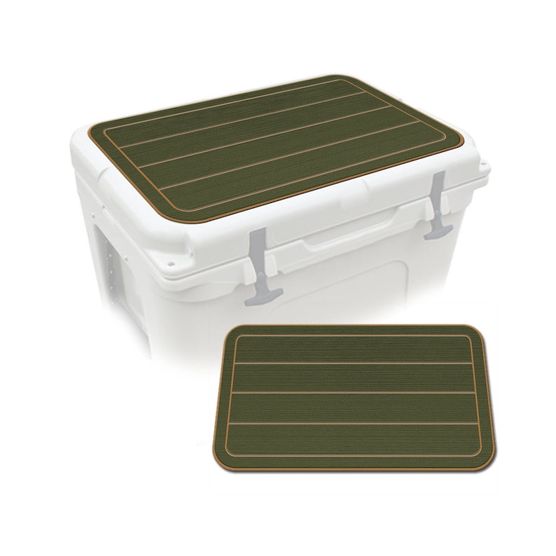 May include: A white cooler with a green and tan lid pad. The pad has a textured surface with horizontal lines and a tan border. A separate pad is shown below the cooler.
