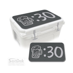 May include: White cooler with a dark gray lid featuring a beer mug graphic and the number 30 in a light gray color. A smaller version of the lid is shown below the cooler. The cooler has gray latches.