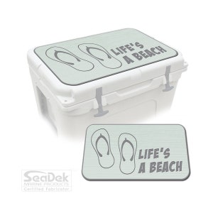 May include: A light green cooler lid with a gray graphic of flip flops and the text "Life's a Beach".