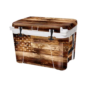 Vinyl Cooler Wrap fits YETI Tundra (Cooler Not Included) Skin Decal Sticker Easy to Install  Peel & Stick - FULL Kit - USA Flag Wood Design