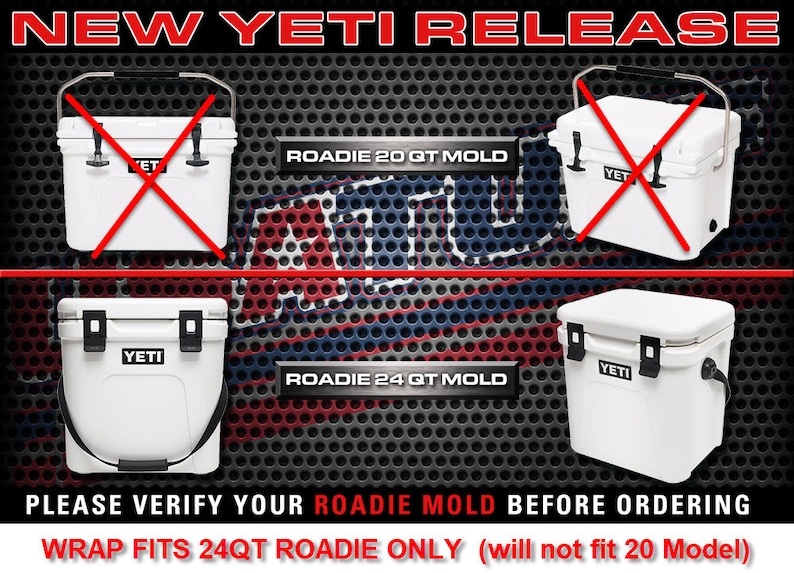 Puede incluir: Imagen de neveras Yeti blancas con detalles negros, anunciando un nuevo lanzamiento. Muestra los modelos Roadie 20 QT y 24 QT, con un mensaje para verificar el molde Roadie antes de comprar. El texto aclara que la envoltura solo es adecuada para el Roadie 24QT.