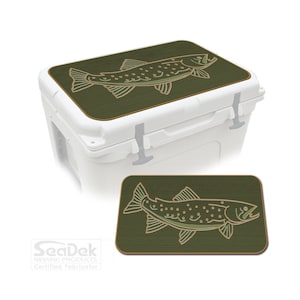 May include: A white cooler with a green lid featuring a detailed fish design. The fish is outlined in tan and green, set against a textured green background. A matching rectangular pad with the same fish design is also shown.