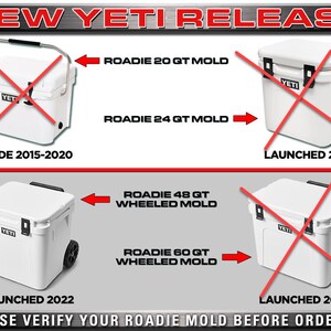 May include: A diagram showing the different Yeti Roadie cooler models and their corresponding mold types. The diagram shows the older models with a red X over them and the newer models with a red X over the older models. The text "NEW YETI RELEASE" is at the top of the diagram. The text "PLEASE VERIFY YOUR ROADIE MOLD BEFORE ORDERING" is at the bottom of the diagram.