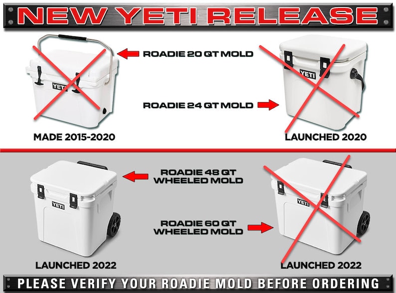 May include: A diagram showing the different Yeti Roadie cooler models and their corresponding mold types. The diagram shows the older models with a red X over them and the newer models with a red X over the older models. The text "NEW YETI RELEASE" is at the top of the diagram. The text "PLEASE VERIFY YOUR ROADIE MOLD BEFORE ORDERING" is at the bottom of the diagram.