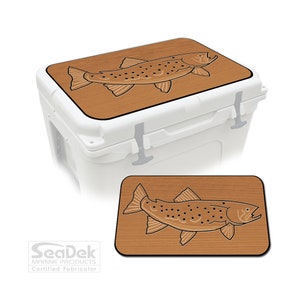 May include: A brown and tan cooler lid with a detailed illustration of a fish. The fish design is centered on the lid, which is placed on top of a white cooler. A smaller version of the lid is also shown.