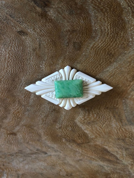Art deco diamond shaped brooch with faux jade 193… - image 1