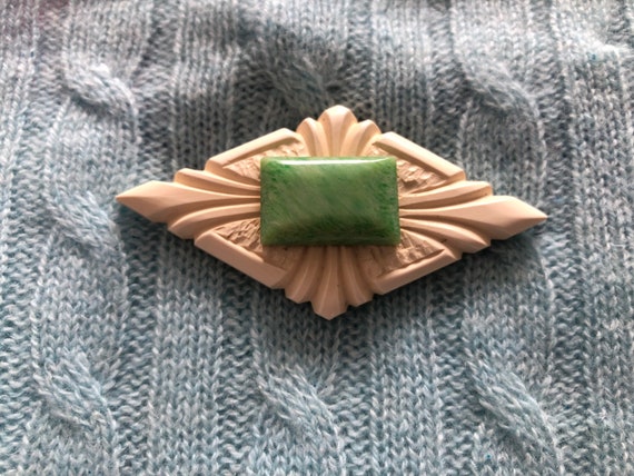 Art deco diamond shaped brooch with faux jade 193… - image 3