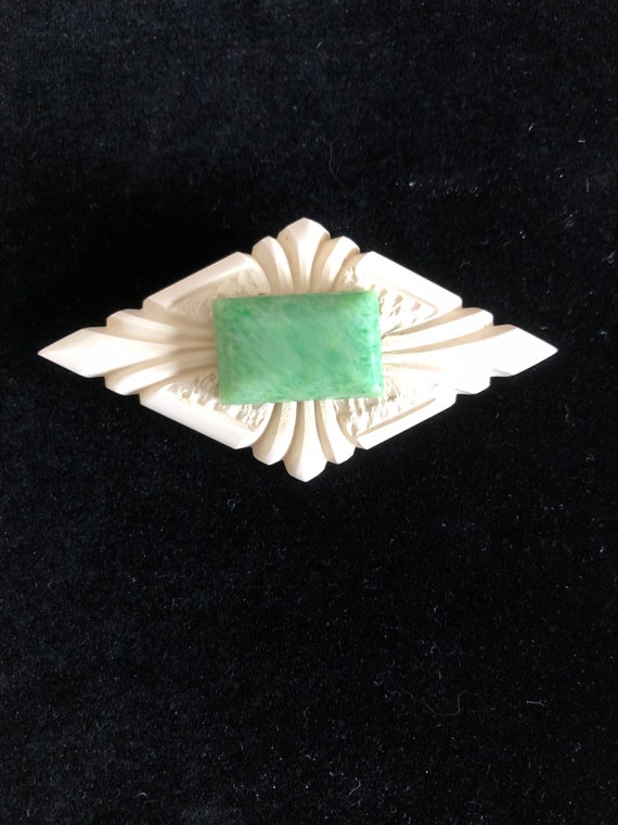 Art deco diamond shaped brooch with faux jade 193… - image 2