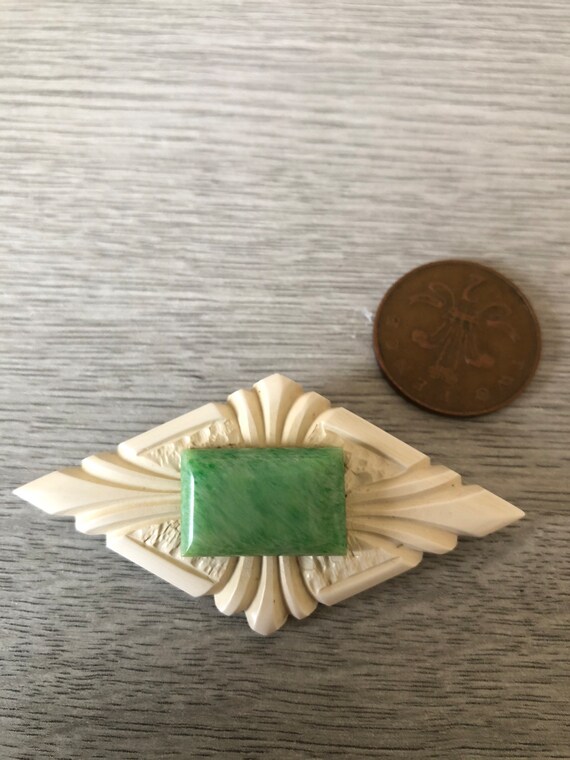 Art deco diamond shaped brooch with faux jade 193… - image 10