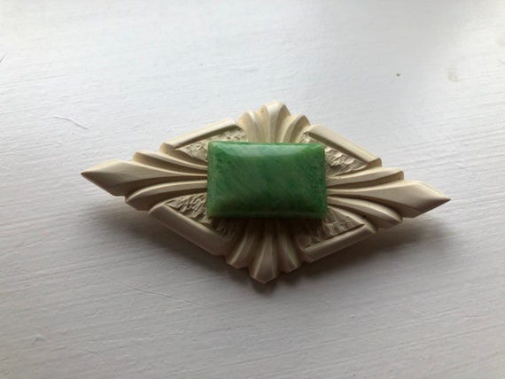 Art deco diamond shaped brooch with faux jade 193… - image 7