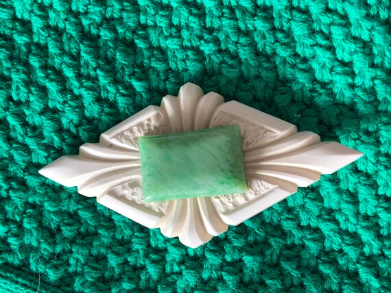 Art deco diamond shaped brooch with faux jade 193… - image 5