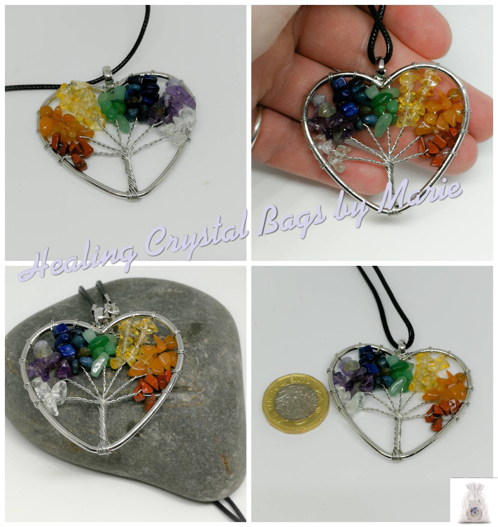 Heart Shaped Chakra Necklace Crystal Necklace Chakra Tree Of Life Necklace Pendant