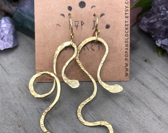 Asymmetrical snake statement earrings , serpent earrings in brass or sterling silver