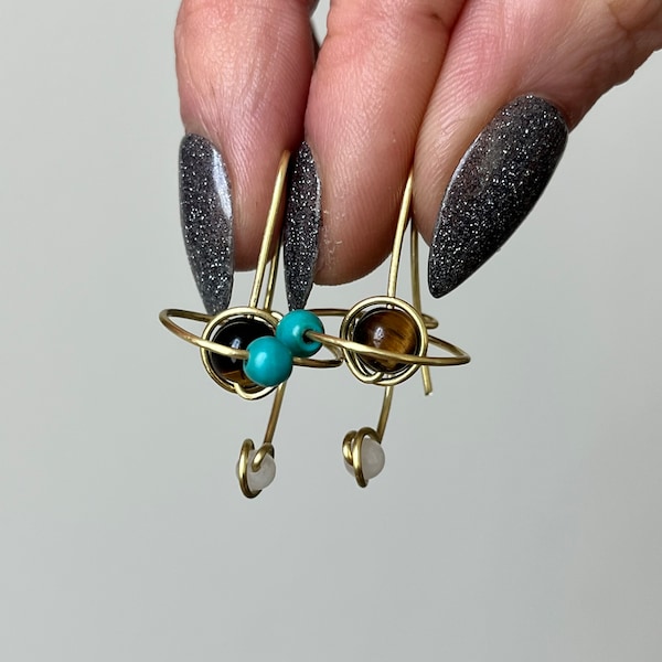 Mini Orbit fidget earrings, Saturn earrings, planet earrings, tigers eye earrings in brass, copper or sterling silver