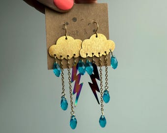 Cloud Earrings: Brass Raindrops & Rainbow Lightning Bolt