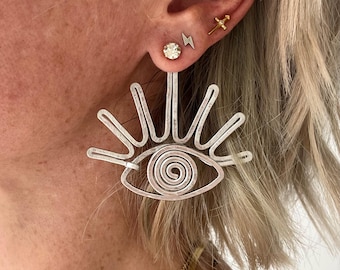 Asymmetrical Eye & Tear Ear Jackets: Aluminum Dangle Earrings
