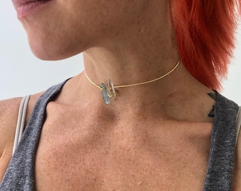 Blue Kyanite and quartz throat chakra cuff choker necklace