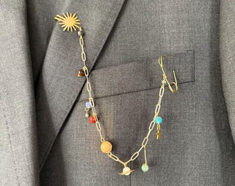 Solar System chain Clip, lapel pin, Brass & Crystal Planet Charm accessory
