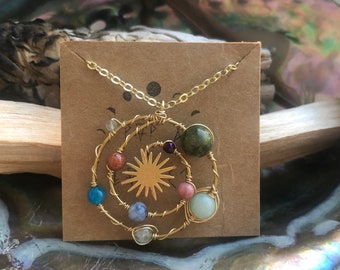 Crystal Solar System Necklace: Brass Celestial Pendant, Gold Fill or Sterling Silver Chain