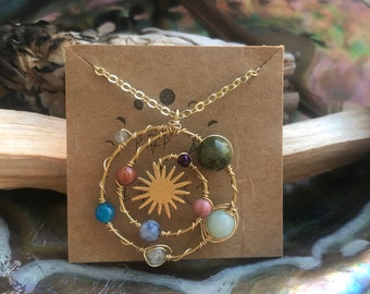 Solar system necklace , crystal spiral necklace , celestial crystal necklace in brass, gold fill or sterling silver