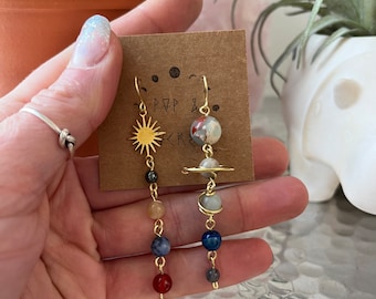 Crystal Planet Earrings: Brass Solar System Jewelry