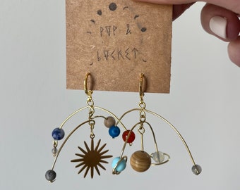 Crystal Planet Mobile Earrings: Brass Solar System Jewelry