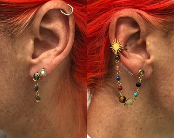Solar system asymmetrical ear cuff earring set with asteroid belt and moon stud earrings