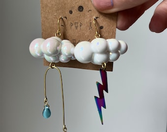 Asymmetrical Cloud Earrings: Iridescent Resin, Rainbow Lightning Bolt
