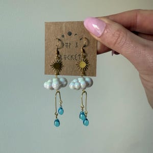 Iridescent Cloud Earrings: Brass Sun & Mermaid Glass Raindrops