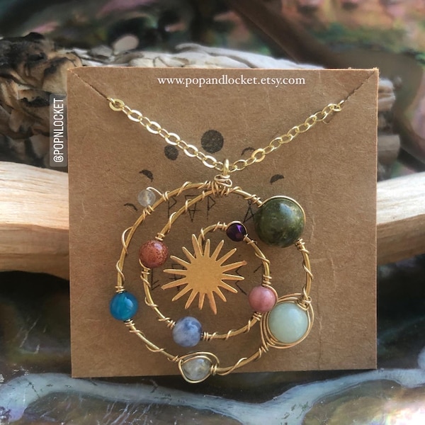 Solar system necklace , crystal spiral necklace , planet crystal necklace in brass, gold fill or sterling silver