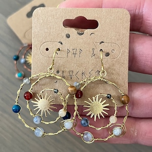 Crystal Planet Spiral Earrings: Brass Solar System Jewelry