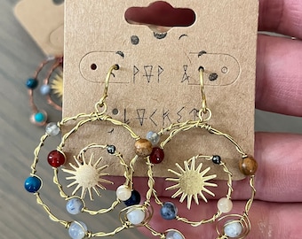 Crystal Planet Spiral Earrings: Brass Solar System Jewelry
