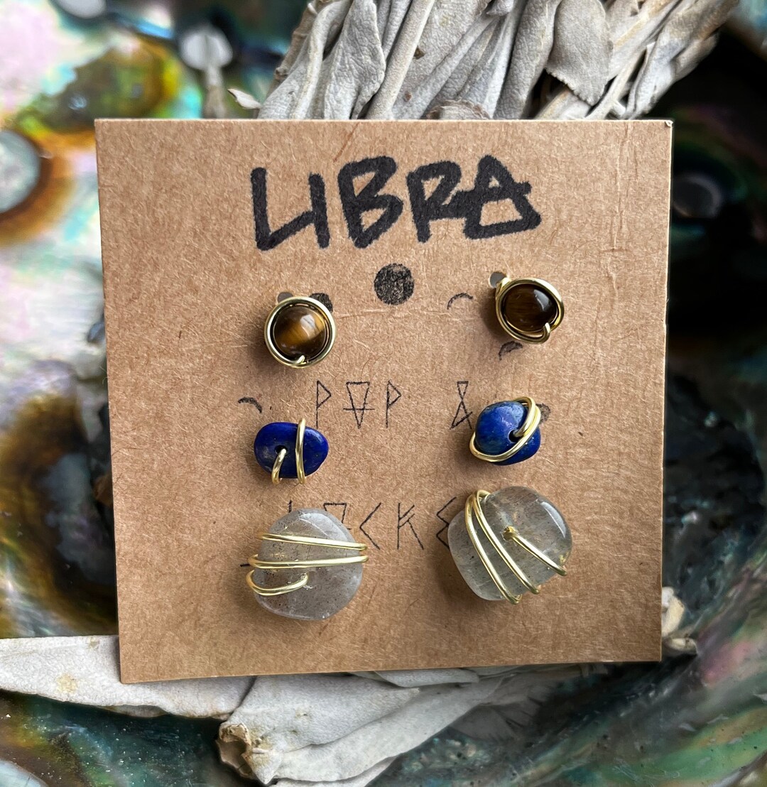 Libra Zodiac Healing Crystal Stud Earring Set in Sterling Silver
