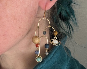 Crystal Planet Mobile Earrings: Brass Solar System Jewelry