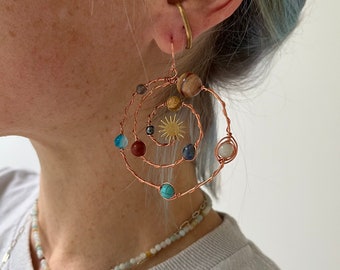 Solar system crystal statement earrings, large in brass, copper or sterling silver