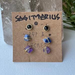 Schütze Kristall Ohrstecker Set: Amethyst, Obsidian, Lapis