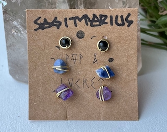 Sagittarius Crystal Stud Earring Set: Amethyst, Obsidian, Lapis