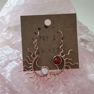 Copper Sun and Moon Earrings: Carnelian & Opalite, Cancer Symbol